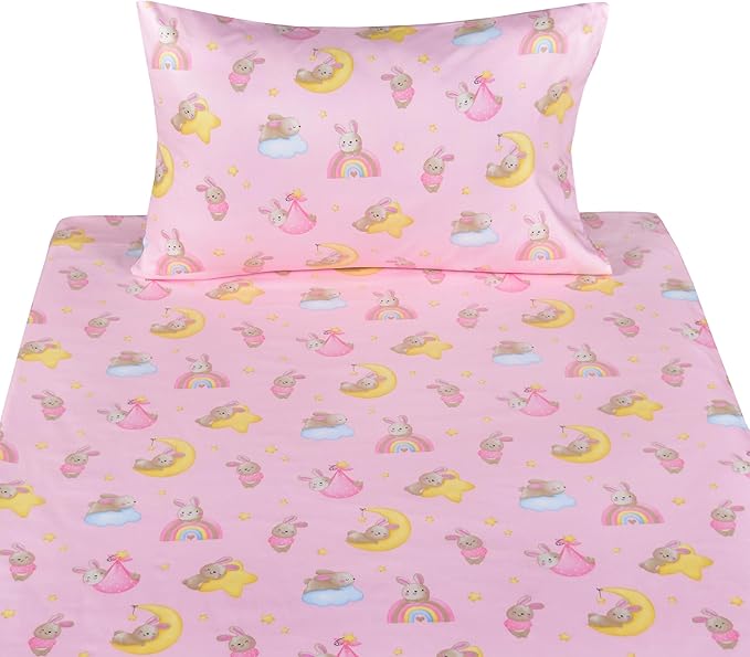 Scientific Sleep Pink Bunny Moon Star Cute Fun 100% Cotton Cozy Twin Bed Sheet Set, Flat Sheet & Fitted Sheet & Pillowcase Natural Bedding Set