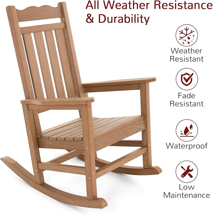 Stoog 3-Piece All-Weather Rocking Chairs Set of 2 with Table, Outdoor Rocking Chair with 400 lbs Weight Capacity, Rocking Chairs for Porch, Backyard, Lawn, Garden and Indoor, Teak