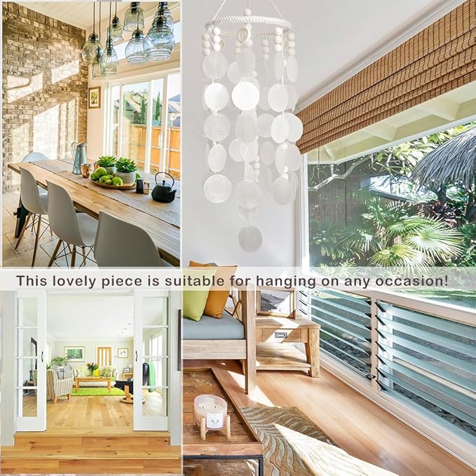 Capiz Shell Wind Chime, Shell Wind Chimes for Outside, Sea Glass Seashell Windchimes Outdoors, Unique Outdoor Boho Decor for Patio Garden Balcony Porch, 7" W X 23" H, Remmdan
