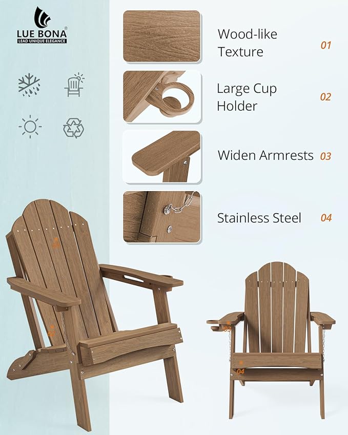 LUE BONA Folding Adirondack Chair, Chairs Set of 8, Cup Holder, Woodgrain, Fire Pit, Patio, Pool, Brown
