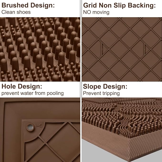 FRAMICS Front Door Mat Outside Entrance, Heavy Duty Rubber Door Mats Non-Slip Waterproof Welcome Doormat Outdoor, Low Profile Patio Doormats Dirt Trapper Indoor Mats for Entryway, 17x30 Inches, Brown