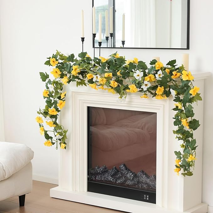 Mizii Artificial Petunias Flower Vines Garland 6 Feet Yellow Faux Morning Glory Silk Flowers Garland UV Resistant Fake Hanging Vines Plants Decorations for Outdoor Garden Indoor Home Decor (Yellow)