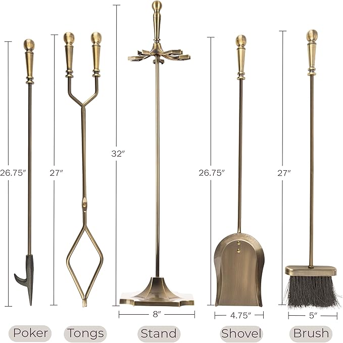 Lavish Home 5 Piece Fireplace Tools Set Indoor Outdoor - Fireplace Accessories Set with Poker,Tongs, Brush, Shovel, and Stand - Fire Tools for Fire Places, Firepits, and Woodstoves (Antique Brass)