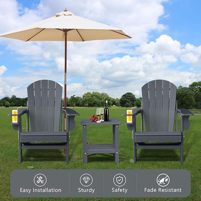 Folding Adirondack Chairs, Oversized HDPE Adirondack Chairs with Side Table and Cup Holder, Outdoor Fire Pit Chairs for Patio Garden and Backyard, Deck, Grey
