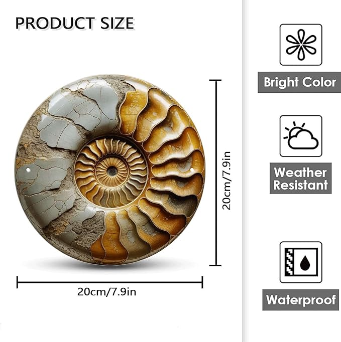 Nautilus Shell tin sign, Vintage Ammonite Fossil metal sign Print Aesthetic Room Decoration for Home Bedroom Bar Cafe Garden and Outdoor Round Wall Decor (8 inch)