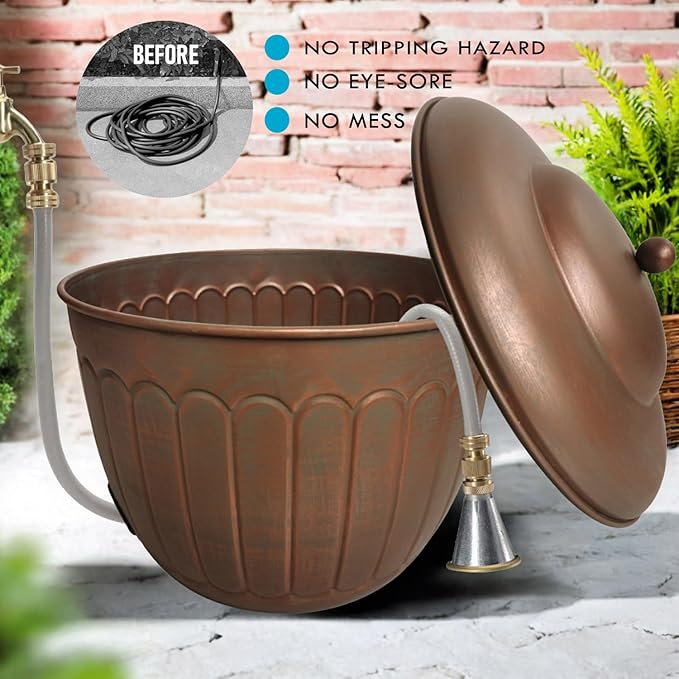 BSTGIFTS Garden Water Hose Holder - Decorative Metal Pot, Metal Hose Storage Pot, Garden Storage Organizer, Patio Portable Bucket - Antique Copper Accents, Holds up to 100ft Hoses (Embossed)