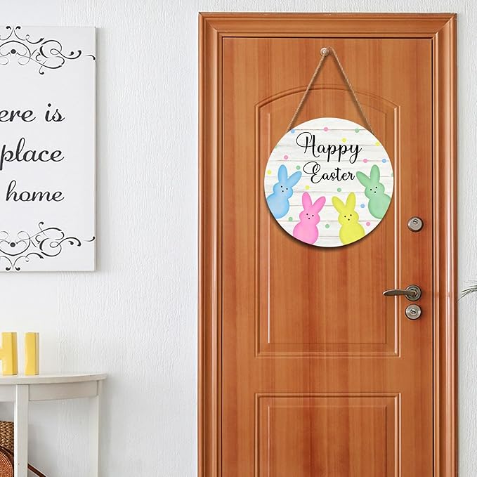 Anyako Happy Easter White Door Sign For Front Door Decor,Cute Bunny Colored Polka Dots Wooden Sign 12"x 12" Round Hanging Spring Door Sign Decoration for Wall Rustic Decor