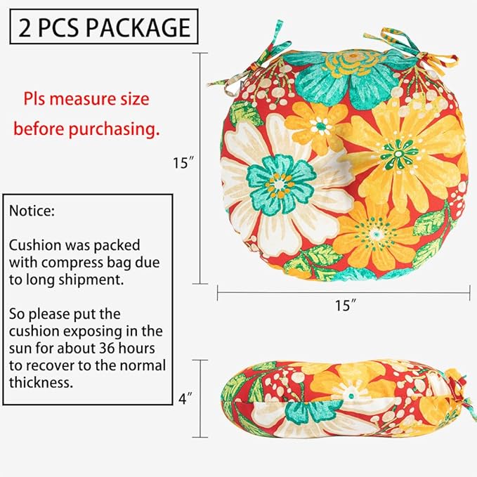 Magpie Fabrics Outdoor Round Bistro Seat Cushions with Ties, 15"x15"x4" Set of 2, Tufted Waterproof Barstool Chair Pads for Patio Home Garden Office, Embry Red Hibiscus