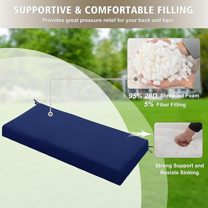 Outdoor Bench Cushion Waterproof 42"x18" – Fade-Resistant Patio Furniture Cushion with Ties for Porch Swing, Loveseat, or Indoor Bench Replacement, Navy Blue