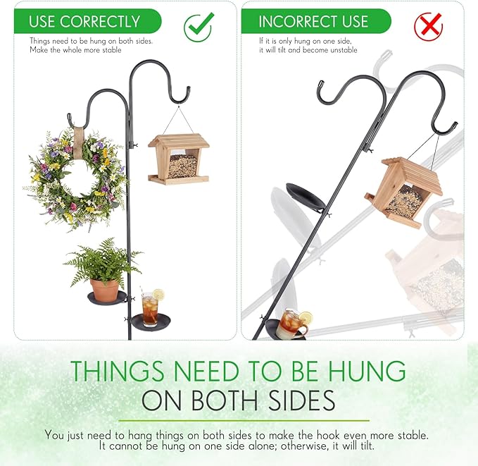 1 Set 75.9" Shepherd's Hook Stand for Hanging Plant, Bird Feeder, Waterproof Metal & Adjustable Standing Pole Holder for Indoor Outdoor, with 2 Rotatable Rack & Weight Bag (Classic 2 Hooks)