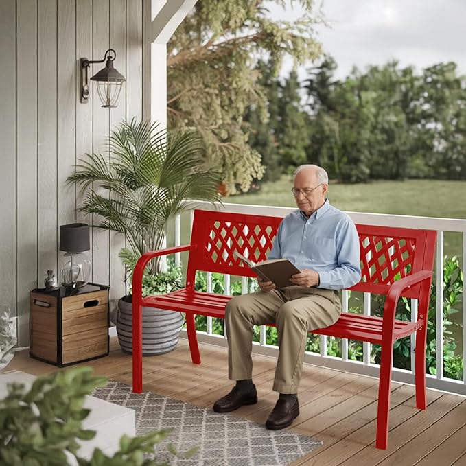Outvita Outdoor Bench, 47" Iron Steel Frame Garden Bench with Mesh Pattern and Plastic Backrest Armrests, Patio Bench for Garden Park Yard Front Porch Patio, Red