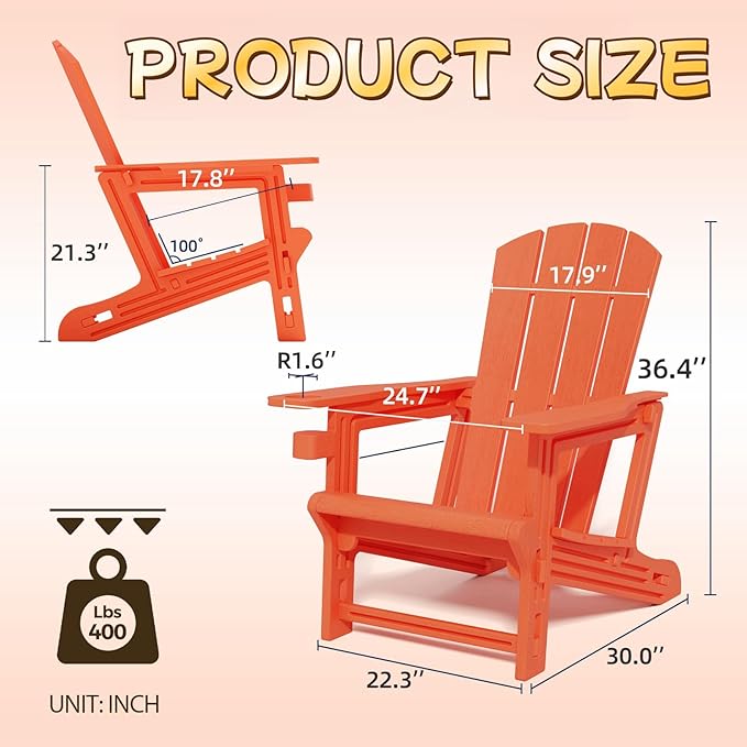 Adirondack Chairs Set of 2,Adirondack Chair with Cup Holder,Wooden Textured Plastic Fire Pit Chair,All-Weather Outdoor Patio Chairs for Lawn,Backyard Deck, Porch,400LBS Heavy-Duty,Orange