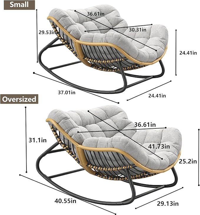 Oversized Rocking Chair,Outdoor/Indoor Patio Papasan Rocker with Thick Cushion, Rattan Wicker Lounge Egg Chair for Bedroom, Living Room, Porch, Garden Backyard-Grey