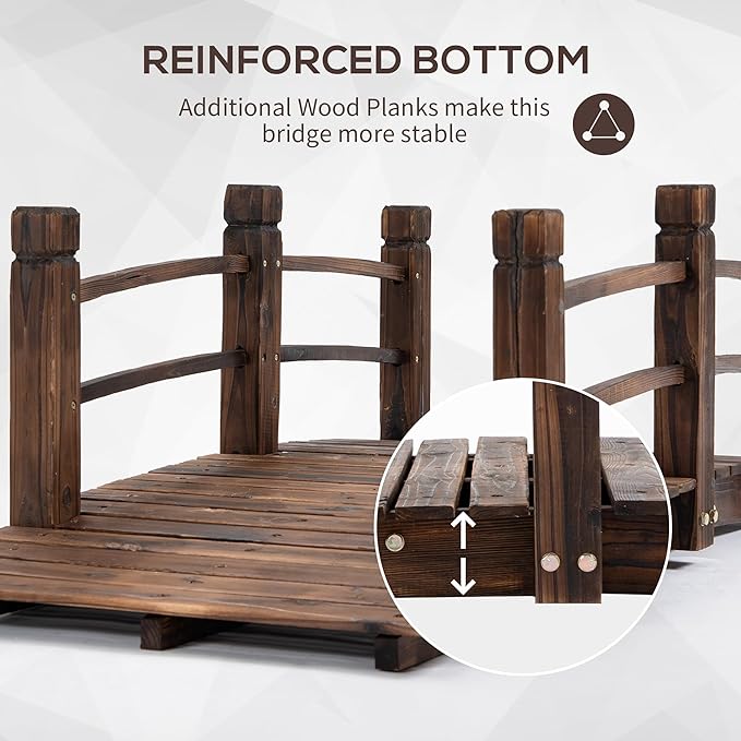 Fir Wood Garden Bridge, 5ft Arc Walkway with Side Railings, Stained Wooden Footbridge for Backyards, Gardens, Streams, 60" x 26.5" x 19"
