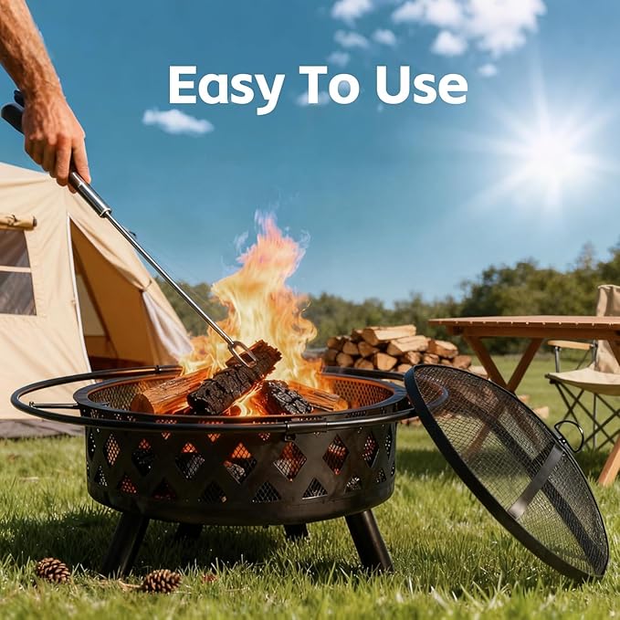 OLIXIS 36 Inch Wood Burning Fire Pit, Round Fire Pits for Outside with Spark Cover Fire Poker, Outdoor Firepit for Patio, Backyard, Garden, Bonfire Party, Black