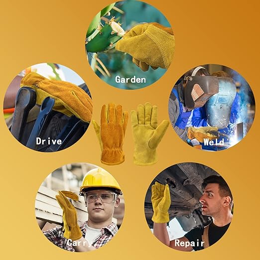 Leather Work Gloves for Men Women with Cotton Lining, Large Thorn Proof Cactus Gardening Yard Work Gloves for Rose Pruning, Heavy Duty TIG/MIG Welding, Construction, Large