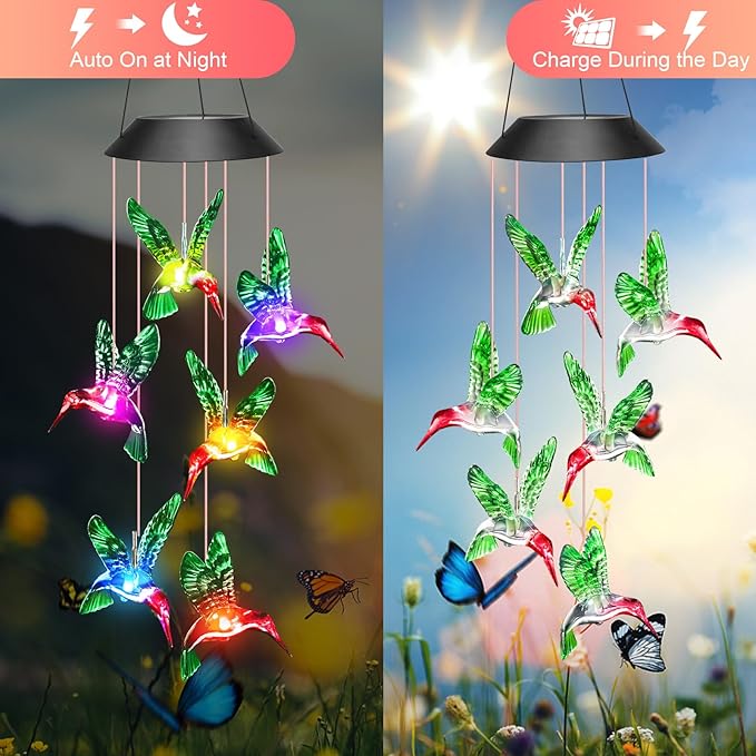Valentines Day Gifts for Her Mom Grandma, Mother Birthday Gardening Hummingbird Gifts for Women, Winzwon Wind Chimes Solar Lights Outdoor Decor for Garden Patio Yard Porch