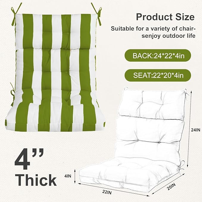 Outdoor High Back Chair Cushions 2-Pack, 44"x22"x 4" Fade-Resistant Waterproof Tufted Pads with Ties for Patio Rocking & Adirondack Chairs (Green White)
