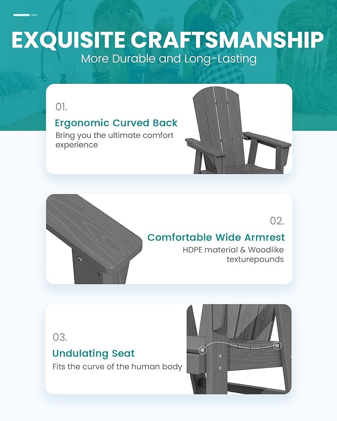 SERWALL Outdoor Adirondack Dining Chair Set of 2, All Weather HDPE Patio Chairs, Grey