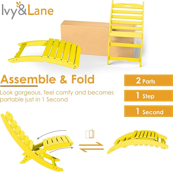 IVY&LANE Portable Xavier-Chairs Set of 2 | Folding-Adirondack-Chair | Wave | HDPE Plastic | Limited Edition | Yellow | All-Weather Resistant | for Outdoor Fire-Pit Patio Lawn Beach Poolside