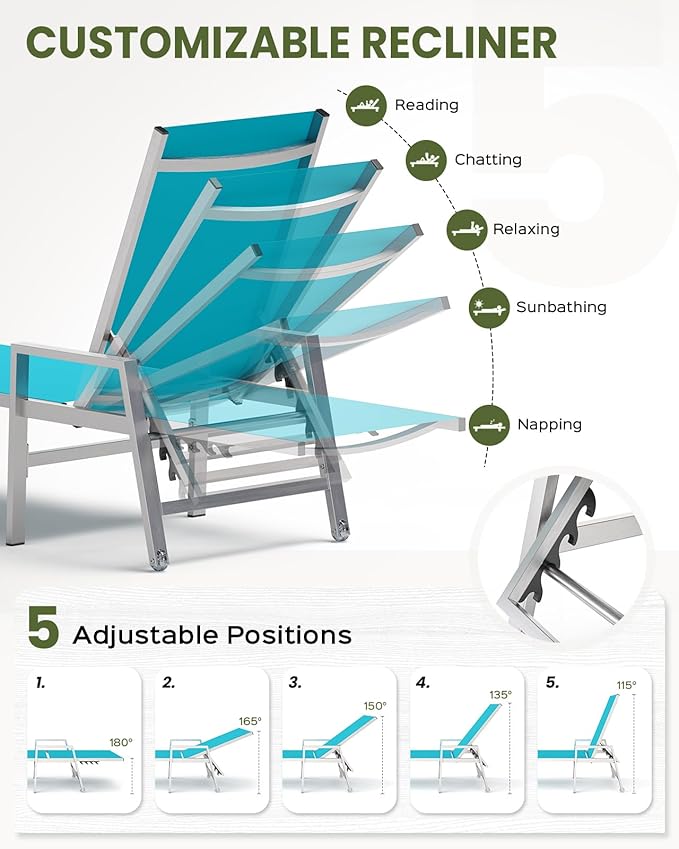 Patio Chaise Lounge Chair Outdoor with Wheels&Armrests, Aluminum Pool Lounge Chairs 5-Position Adjustable Recliner, Outdoor Beach Lounge Chairs for Poolside, Patio, Deck, Yard, Lake Blue