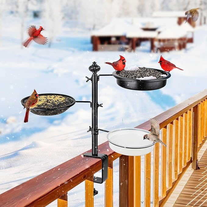 Deck Bird Feeder for Railing, BOLITE Balcony Bird Feeders for Outside, Three Trays, Enhanced Version, Black, Birthday Gifts for Women Men, Gifts for Mom Dad