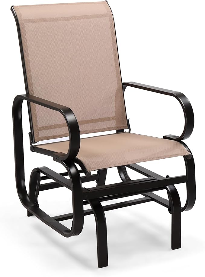 VINGLI Outdoor Rocking Glider, Patio Glider with Higher Backrest, Weather-Resistant & No Noise Rocking System, 330LBS Load Capacity, Brown