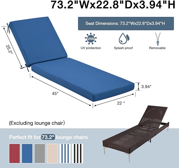 HOMREST 73.2x22.8x3.94 inches Lounge Chair Cushion Set of 2,Outdoor Chaise Lounge Cushion with Splash Fade Tear Resistant Fabric, Dark Blue