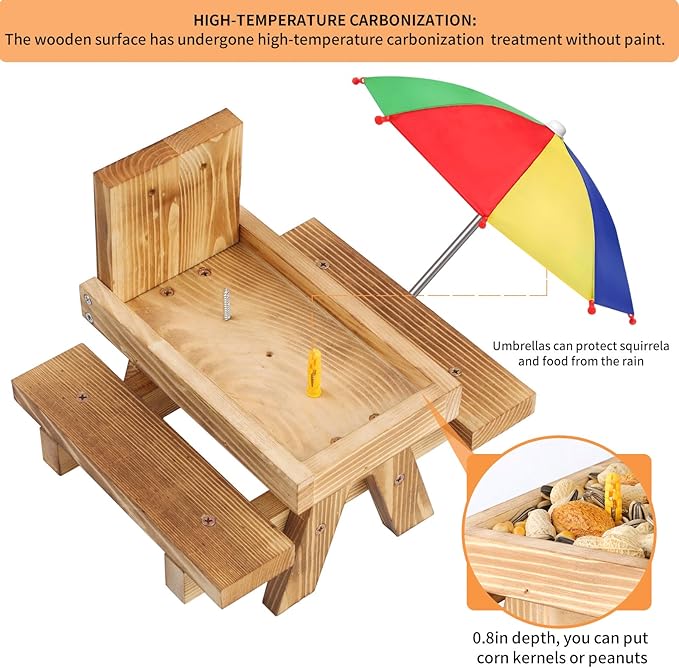 Gnodary Squirrel Feeder with Umbrella, Squirrel Feeders for Outside, Squirrel Picnic Table Feeder - Chipmunk Feeder Hold Corn, Corn Cob, Peanuts (Multiple Color 1)