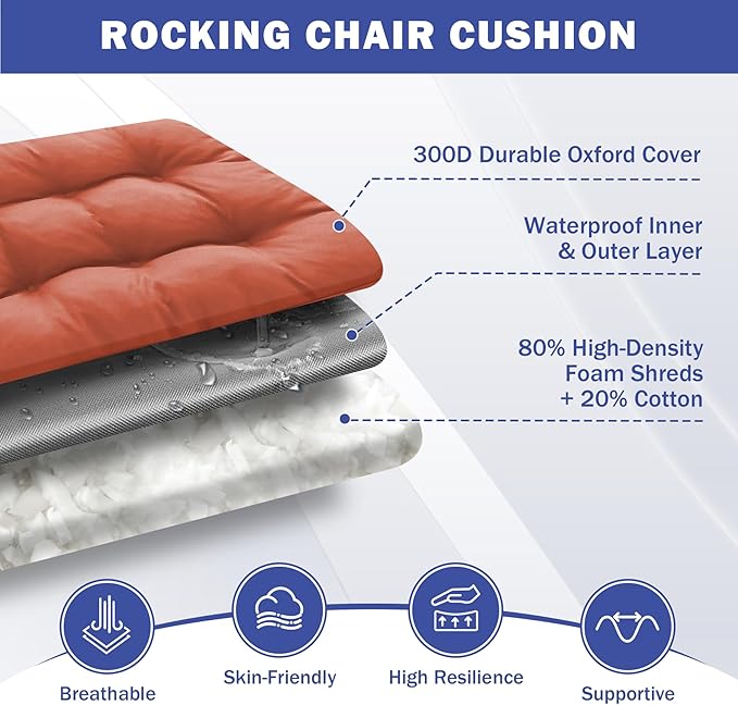 Rocking Chair Cushion, Waterproof and Fade-Resistant Patio Chair Cushions, Tufted Chair Pads for Rocker Furniture, 17x17 Inch, Indoor/Outdoor Seat Cushions with Ties, Spice