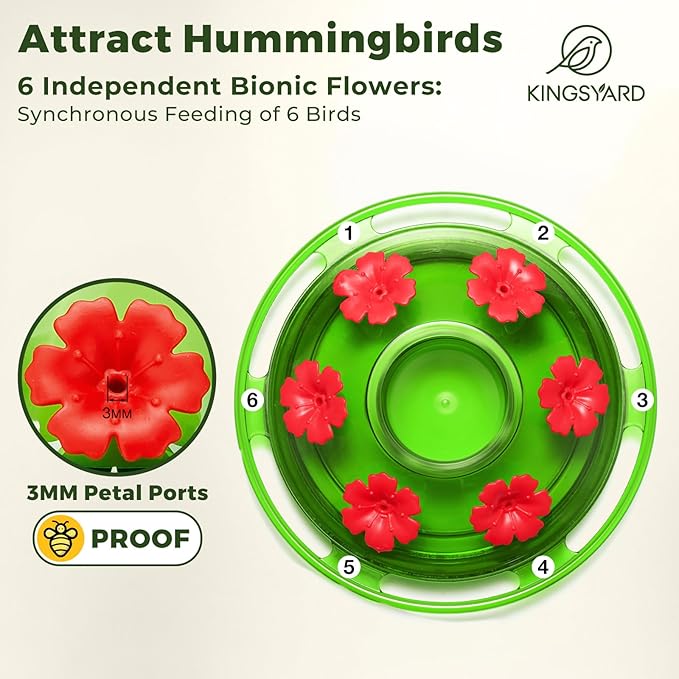 Kingsyard Glass Hummingbird Feeder for Outdoors Hanging - 6 Bee Guard Feeding Ports & Built-in Ant Moat, Wild Bird Feeder for Outside Garden Yard Patio 14 Oz, Green