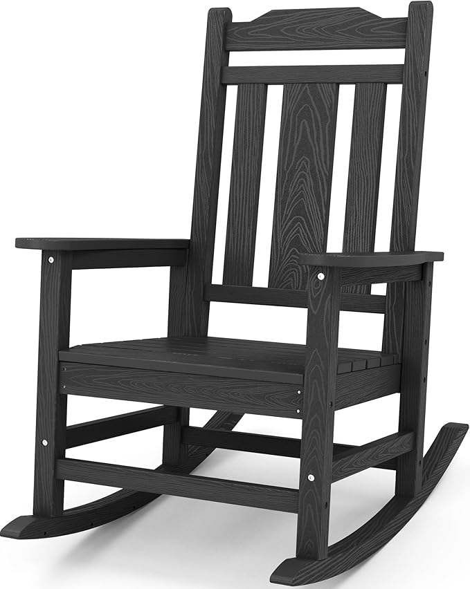 SERWALL Oversized Rocking Chair Outdoor, HDPE Outdoor Rocking Chair, Black