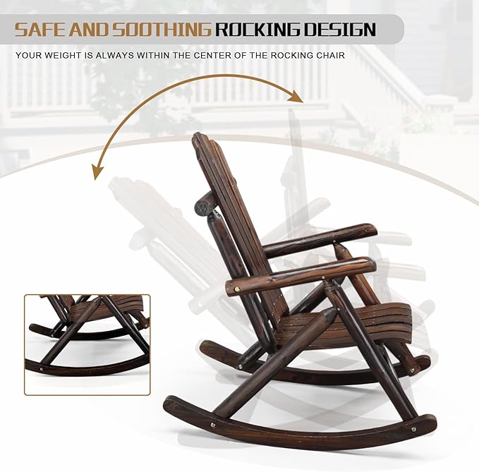 Outvita Wooden Rocking Chair Set of 2, Fir Log Adirondack Rocker, Outdoor Wood Accent Furniture Lounge Chairs for Garden Patio Backyard Porch (Dark Brown)