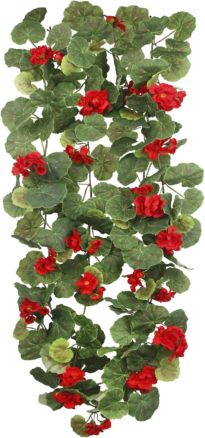 CISDUEO 2 Pcs Spring Summer Flower Garland Geranium Artificial Garland Outdoors Red Geranium Outdoor Artificial Flowers UV Resistant Hanging Basket Floral Garland for Porch Farmhouse Centerpiece Decor
