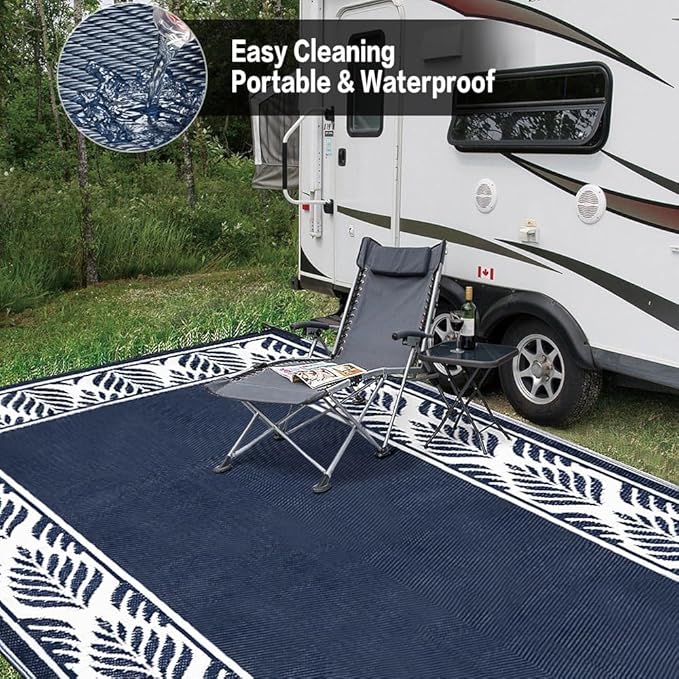 HUGEAR Outdoor Plastic Straw Rug, Waterproof Mat, Washable Large Floor Mat and Rug for Outdoors, RV, Beach, Patio, Camping, Backyard, Deck, Picnic, Outside (Olive-Leaf/Dark Blue&White,9x12ft)
