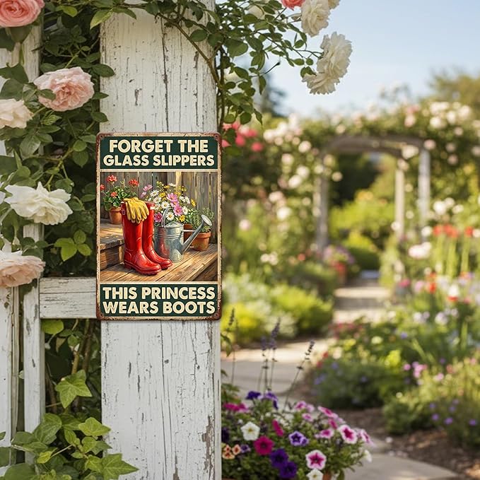 Country Girl Tin Sign - "This Princess Wears Boots" Inspirational Garden Decor - Metal Sign Vintage Red Rain Boots & Flowers Farmhouse Wall Art - 8x12 Aluminum Plaque for Shed, Porch, Yard
