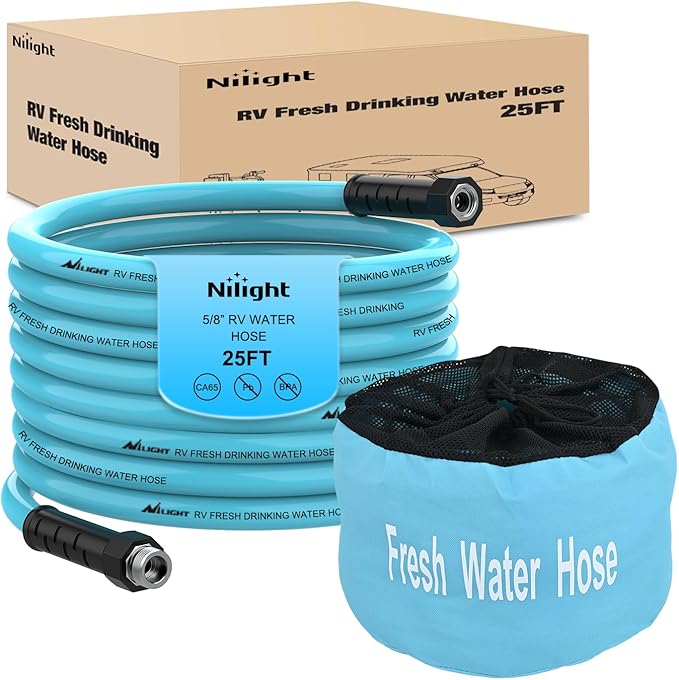 Nilight RV Water Hose 25FT Garden Drinking Hoses with Storage Bag Leakproof Anti-Kink 5/8" Inner Diameter Flexible Lightweight Freshwater Hose for RVs Campers Travel Trailer Boat Car Wash Accessories