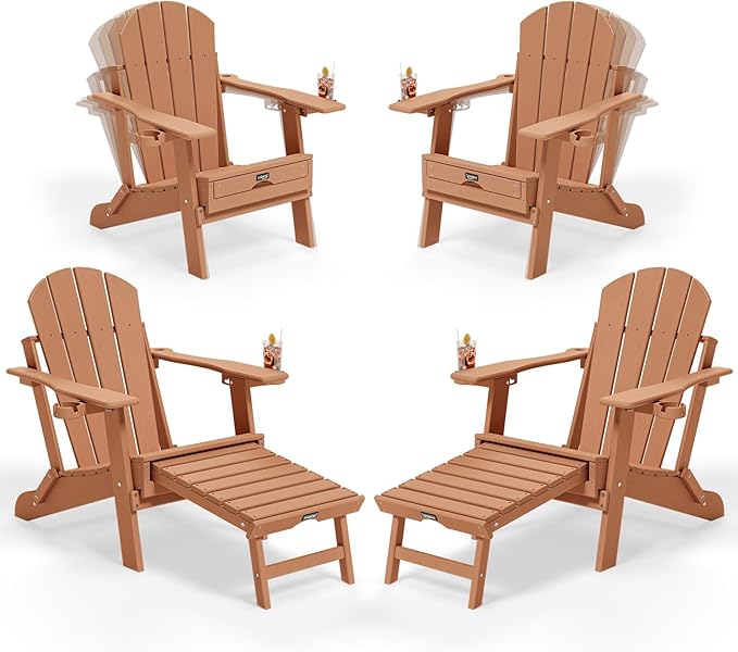 VINGLI Back-Adjustable Plastic Folding Adirondack Chairs Set of 4 with Retractable Footrest & 2-in-1 Cup Holders, Waterproof HDPE Outdoor Fire Pit Chairs for Patio, Pool, Capacity 400 LBS, Teak