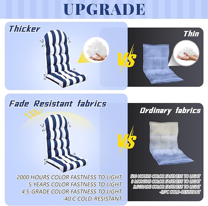 Geelin 4 Pcs Adirondack Chair Cushion High Back Patio Rocking Chair Cushion 44 x 19 x 4 Inch Tufted Weather Resistant Fade Resistant Seat for Patio Rocking Seat (Blue and White)