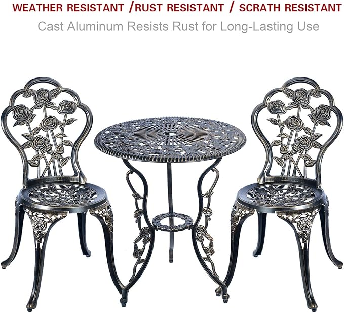 C/G 3 Piece Bistro Set, Outdoor Patio Table, Anti-Rust Cast Aluminum for Front Porch & Yard (Antique Copper)