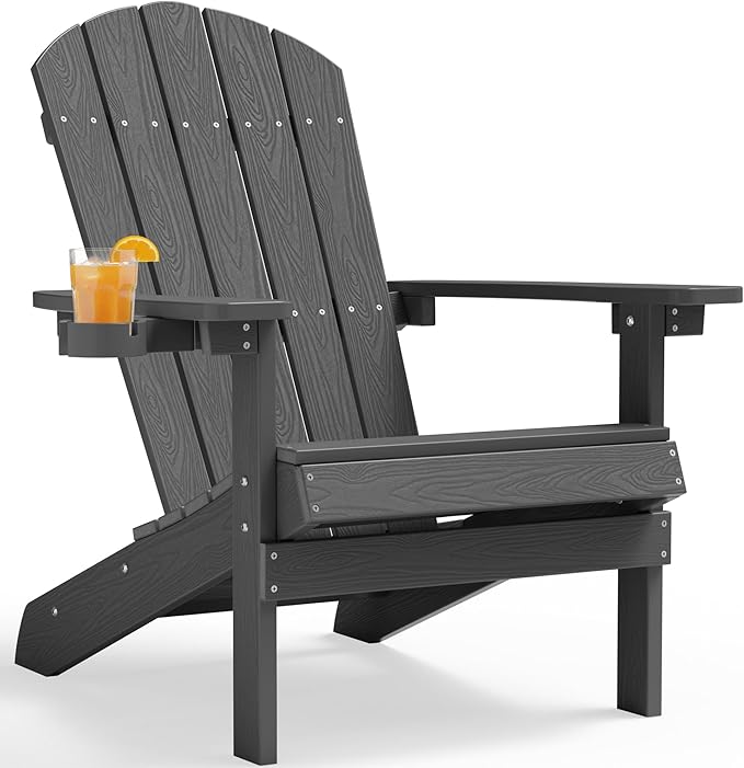 YEFU Adirondack Chair Plastic Weather Resistant, Patio Chairs with Cup Holder Easy Installation, Looks Exactly Like Real Wood, Widely Used in Outdoor, Fire Pit, Outside, Campfire Chairs (Dark Grey)