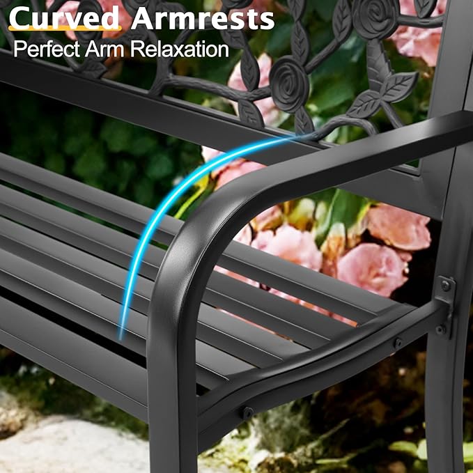 Outvita Outdoor Bench, 50" Iron Steel Frame Garden Bench with Rose Pattern and Plastic Backrest Armrests, Patio Bench for Garden Park Yard Front Porch Patio, Black