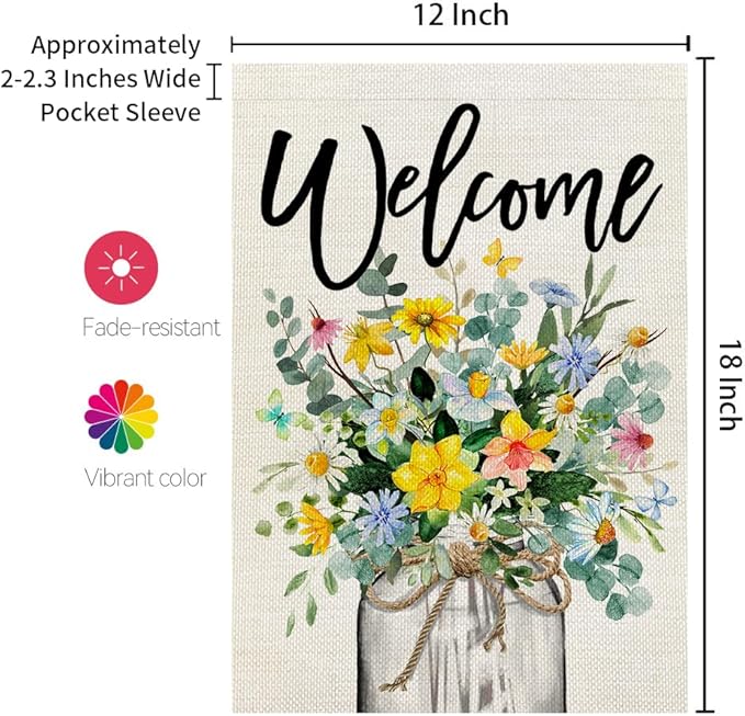 CROWNED BEAUTY Spring Floral Garden Flag Mason Jar 12x18 Inch Double Sided Small Burlap Seasonal Holiday Flag for Outside Yard Welcome CF1377-12
