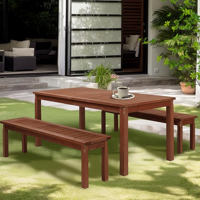 VINGLI Outdoor Wooden Bench, 45” 2-Person Backless Dining Bench, Weatherproof Outdoor Patio Bench for Porch Entryway Garden (2, Brown)