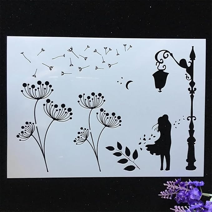 TIAMECH A4 Reusable Lover Street Light Stencil for Painting - Dandelion Layering Template, DIY Wall Art, Wood Furniture, Scrapbook & Crafts (8.3x11.7inch)