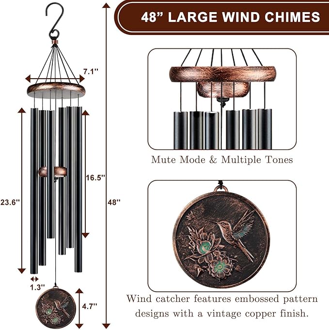 Large Wind Chimes for Outside, 48" Vintage Hummingbird Deep Tone Wind Chime Outdoor Clearance with Heavy Tubes, Patio Porch Balcony Decoration, Garden Hanging Decor Gifts for Women Men