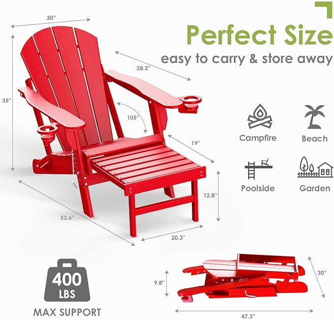 GREENVINES Adirondack-Chairs-with-Ottoman | Set of 4 | Folding | Retractable-Footrest | HDPE Plastic | All Weather Fire Pit Chair | Cup Holders | Red | for Outdoor Poolside