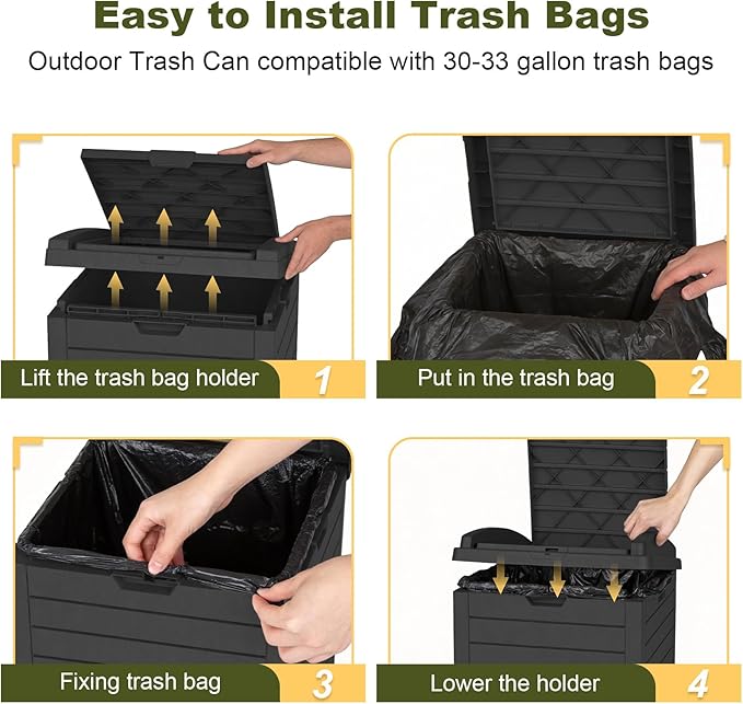 38 Gallon Outdoor Trash Can with lid,Waterproof,UV-Resistant Resin Garbage Can,Lockable Lid and Drip Tray,Trash Bin for Patio,Kitchen, Backyard and Deck(Black)