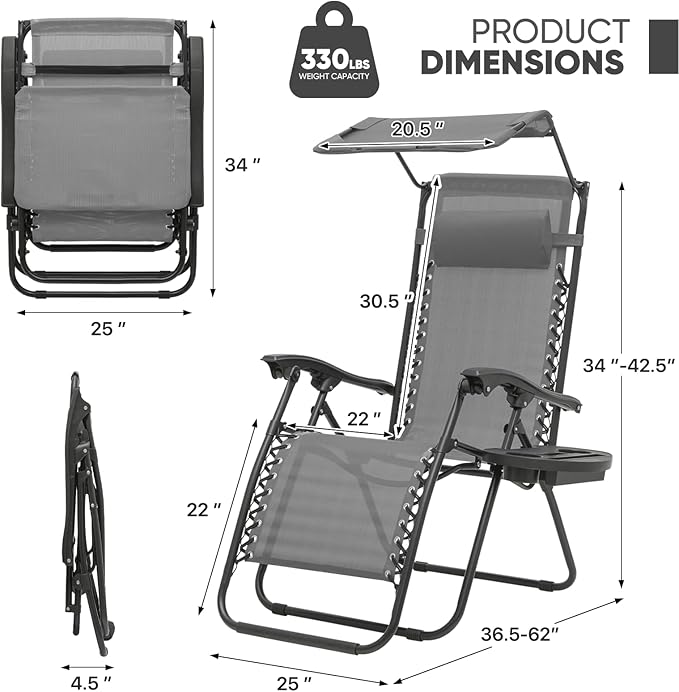 Magshion Zero Gravity Lounge Chair with Canopy, Outdoor Foldable Patio Reclining Chair with Side Tray, Adjustable Anti-Gravity Recliner with Pillow Headrest, Lounger for Lawn Camping Beach (Grey)