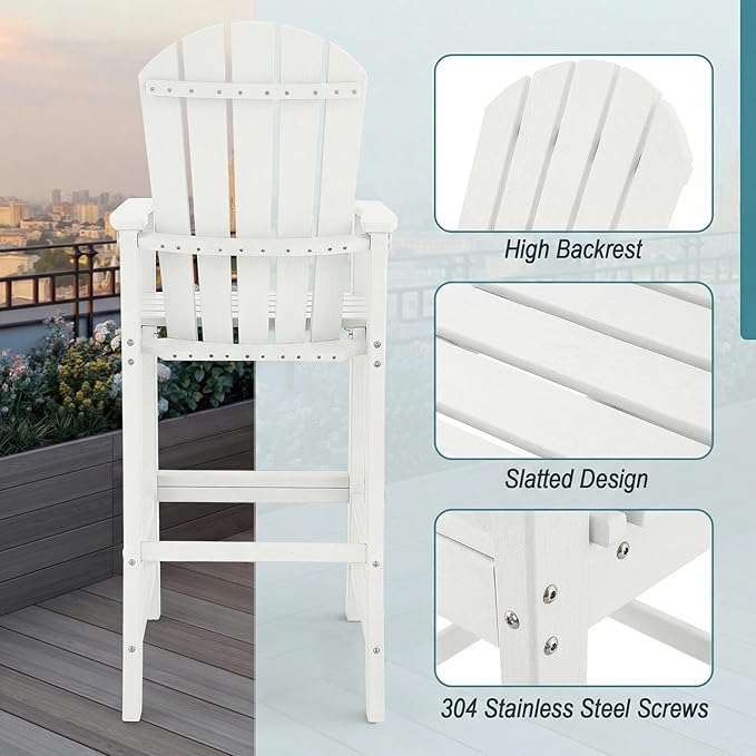 Giantex Set of 2 HDPE Outdoor Bar Stools, All Weather Tall Adirondack Chair with Armrest, Footrest, Load 360Lbs, Counter Height Bar Stool for Patio, Garden, Yard, Indoor Or Outdoor Use, White
